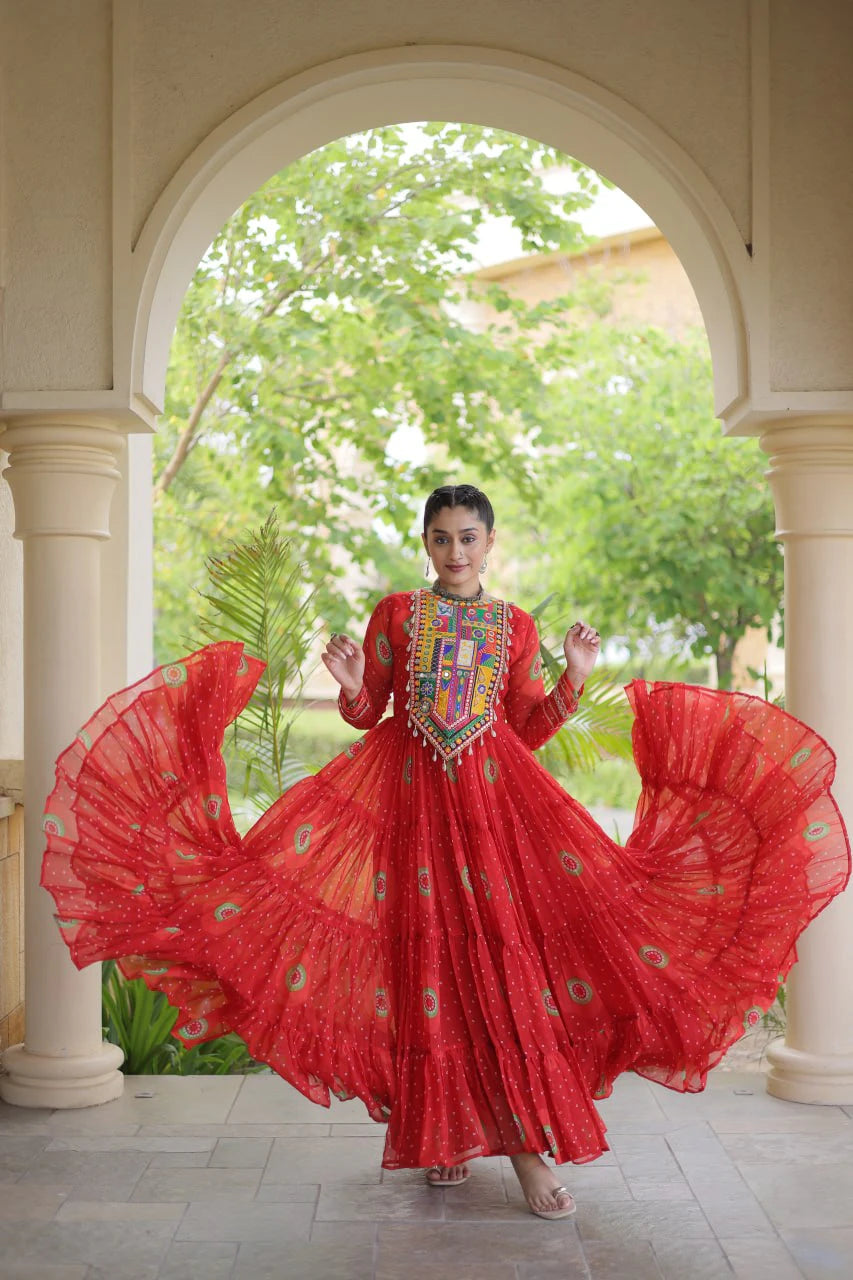 Traditional Orange Bandhani Print Gown for Women with Kutchi Patchwork Festive Navratri Wear Dress (Copy) (Copy) (Copy)