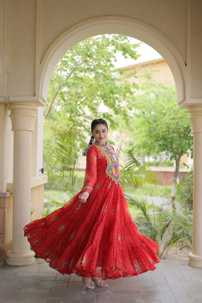 Traditional Orange Bandhani Print Gown for Women with Kutchi Patchwork Festive Navratri Wear Dress (Copy) (Copy) (Copy)