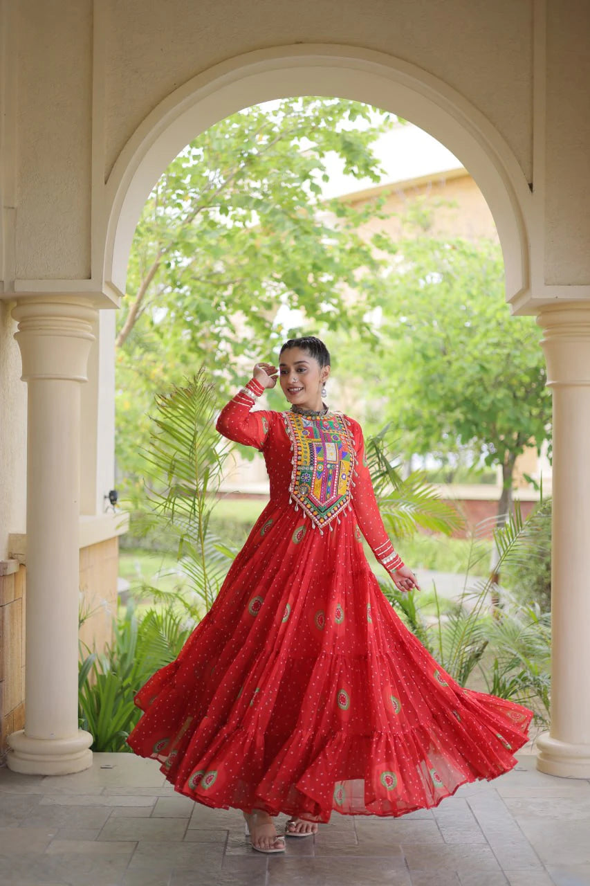 Traditional Orange Bandhani Print Gown for Women with Kutchi Patchwork Festive Navratri Wear Dress (Copy) (Copy) (Copy)