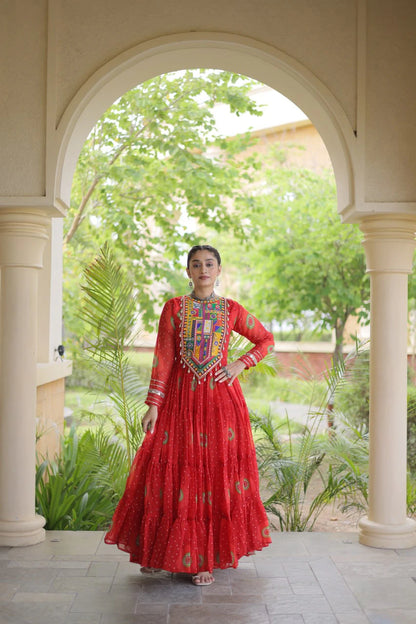 Traditional Orange Bandhani Print Gown for Women with Kutchi Patchwork Festive Navratri Wear Dress (Copy) (Copy) (Copy)