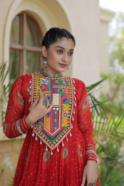 Traditional Orange Bandhani Print Gown for Women with Kutchi Patchwork Festive Navratri Wear Dress (Copy) (Copy) (Copy)