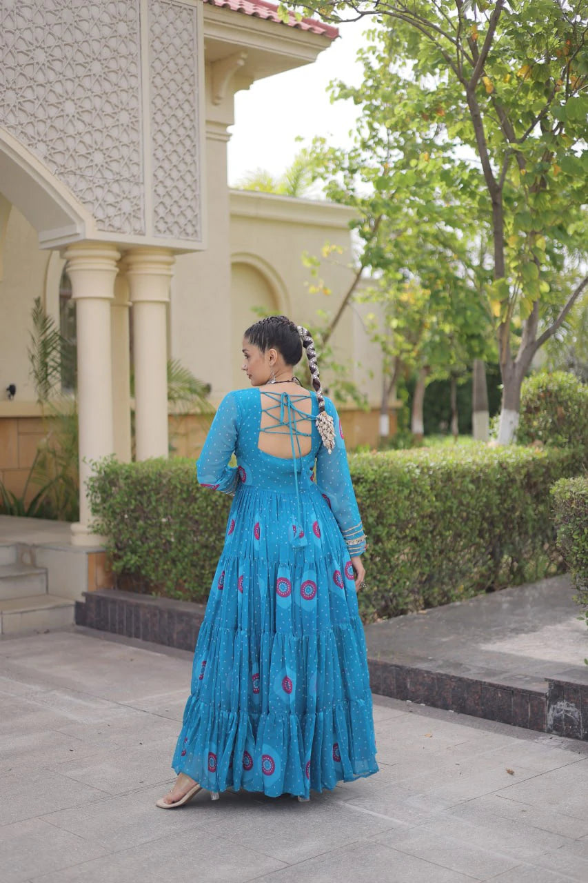 Traditional Sky Blue Bandhani Print Gown for Women with Kutchi Patchwork Festive Navratri Wear Dress (Copy) (Copy)