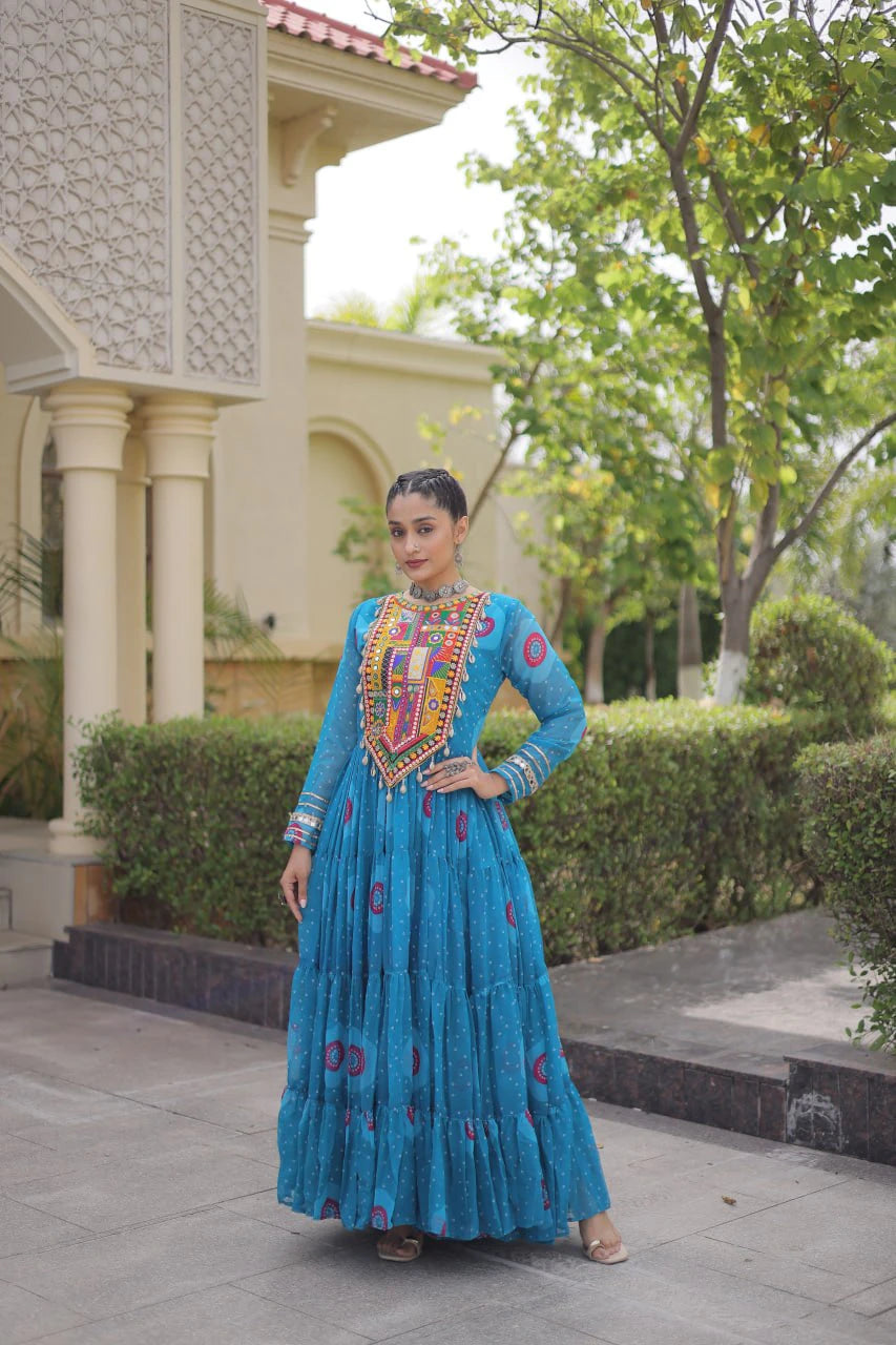 Traditional Sky Blue Bandhani Print Gown for Women with Kutchi Patchwork Festive Navratri Wear Dress (Copy) (Copy)