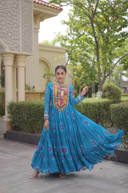 Traditional Sky Blue Bandhani Print Gown for Women with Kutchi Patchwork Festive Navratri Wear Dress (Copy) (Copy)