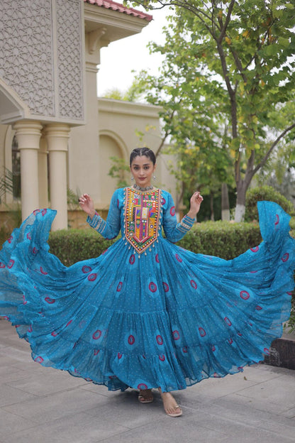 Traditional Sky Blue Bandhani Print Gown for Women with Kutchi Patchwork Festive Navratri Wear Dress (Copy) (Copy)
