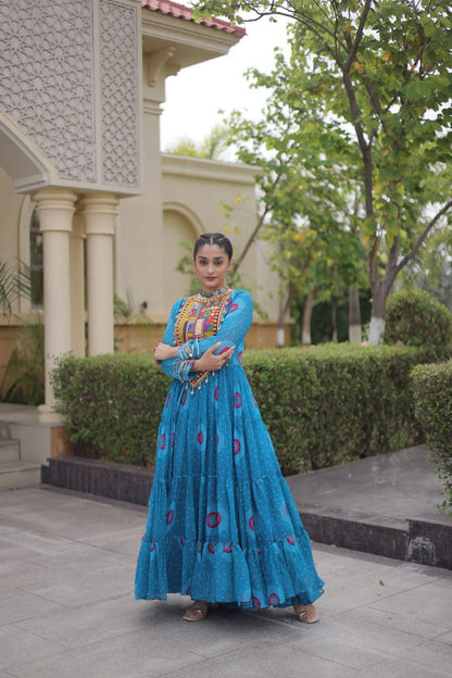 Traditional Sky Blue Bandhani Print Gown for Women with Kutchi Patchwork Festive Navratri Wear Dress (Copy) (Copy)