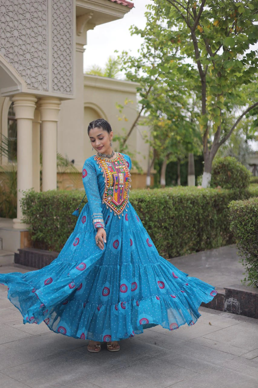 Traditional Sky Blue Bandhani Print Gown for Women with Kutchi Patchwork Festive Navratri Wear Dress (Copy) (Copy)