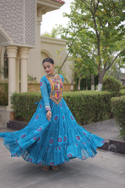 Traditional Sky Blue Bandhani Print Gown for Women with Kutchi Patchwork Festive Navratri Wear Dress (Copy) (Copy)