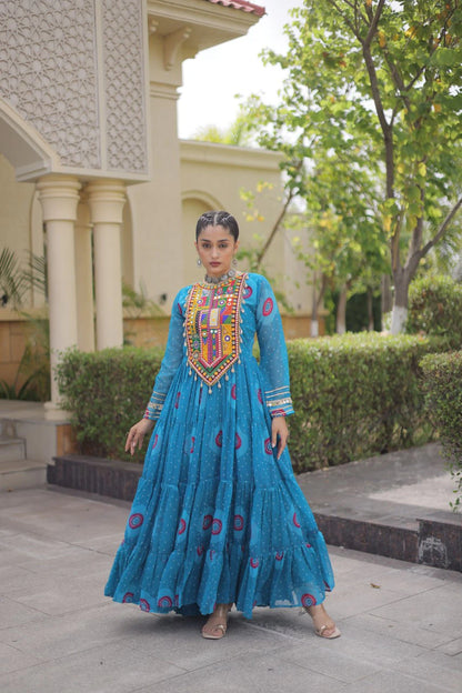 Traditional Sky Blue Bandhani Print Gown for Women with Kutchi Patchwork Festive Navratri Wear Dress (Copy) (Copy)