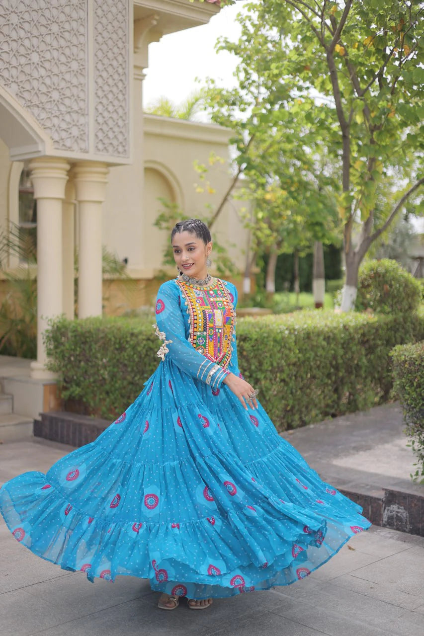 Traditional Sky Blue Bandhani Print Gown for Women with Kutchi Patchwork Festive Navratri Wear Dress (Copy) (Copy)
