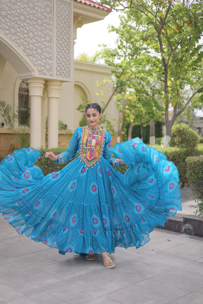 Traditional Sky Blue Bandhani Print Gown for Women with Kutchi Patchwork Festive Navratri Wear Dress (Copy) (Copy)