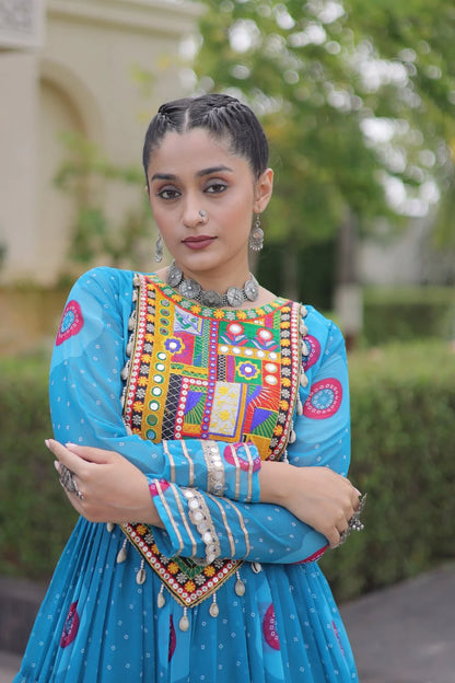 Traditional Sky Blue Bandhani Print Gown for Women with Kutchi Patchwork Festive Navratri Wear Dress (Copy) (Copy)