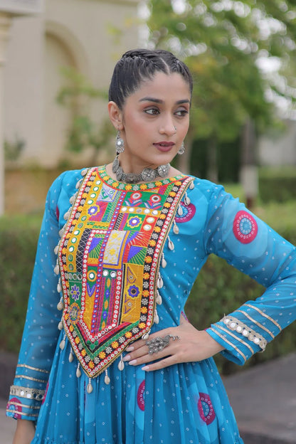 Traditional Sky Blue Bandhani Print Gown for Women with Kutchi Patchwork Festive Navratri Wear Dress (Copy) (Copy)