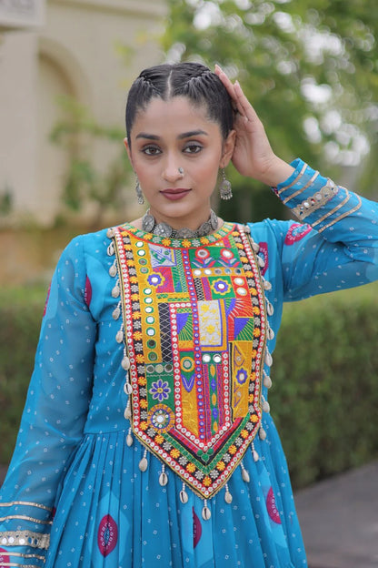 Traditional Sky Blue Bandhani Print Gown for Women with Kutchi Patchwork Festive Navratri Wear Dress (Copy) (Copy)