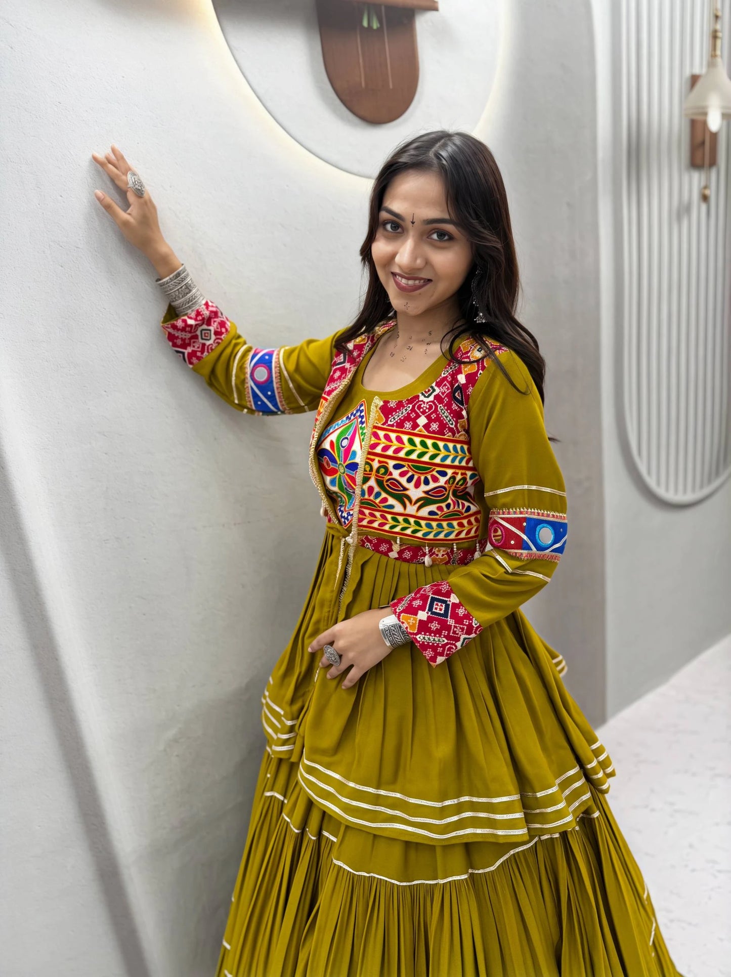 Mustard Yellow Gamthi Work Lehenga Choli with Koti for Navratri Garba