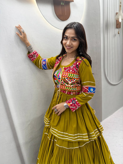 Mustard Yellow Gamthi Work Lehenga Choli with Koti for Navratri Garba