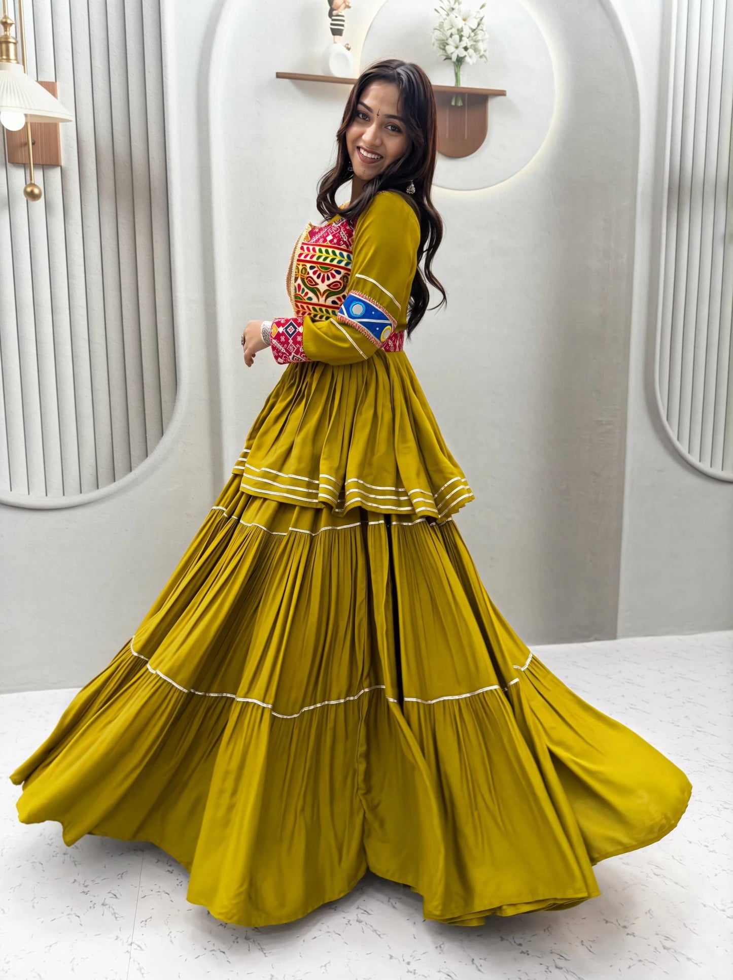 Mustard Yellow Gamthi Work Lehenga Choli with Koti for Navratri Garba