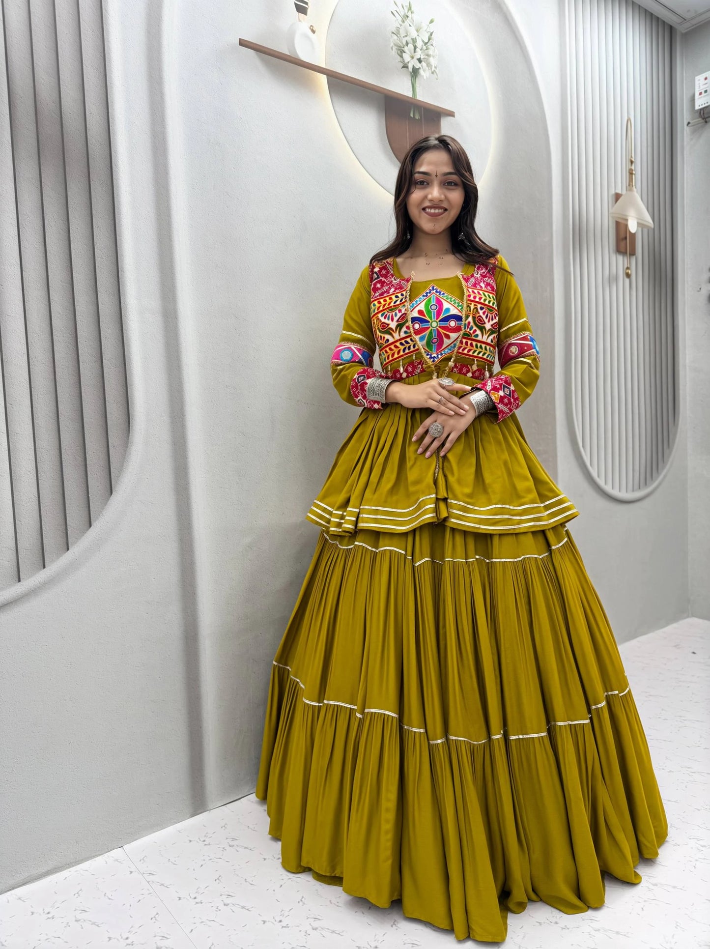 Mustard Yellow Gamthi Work Lehenga Choli with Koti for Navratri Garba