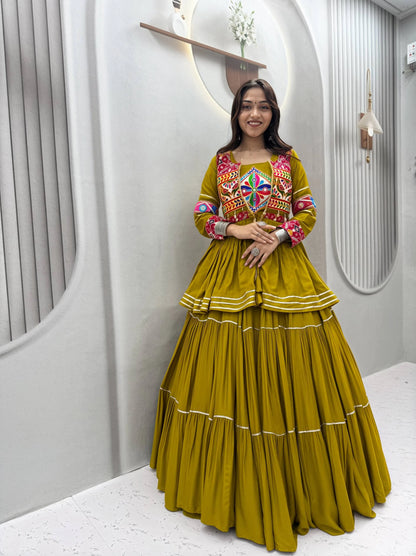 Mustard Yellow Gamthi Work Lehenga Choli with Koti for Navratri Garba