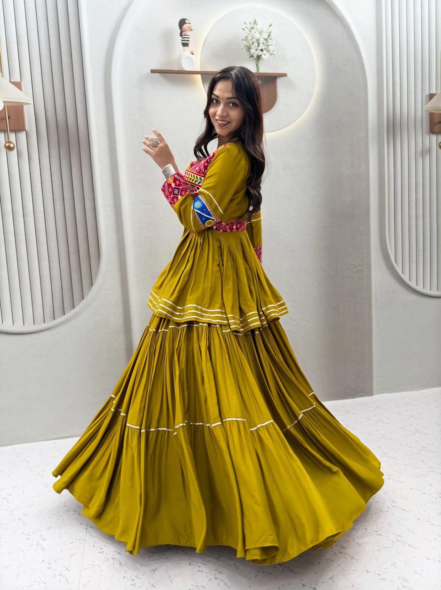 Mustard Yellow Gamthi Work Lehenga Choli with Koti for Navratri Garba