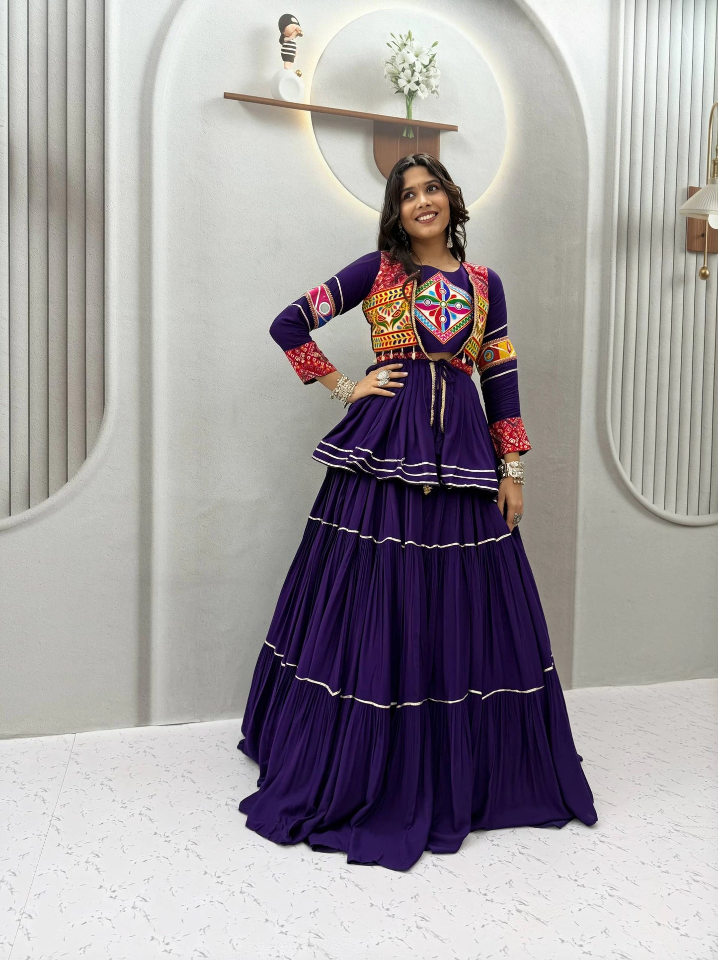 Blue Gamthi Work Lehenga Choli with Koti for Navratri Garba
