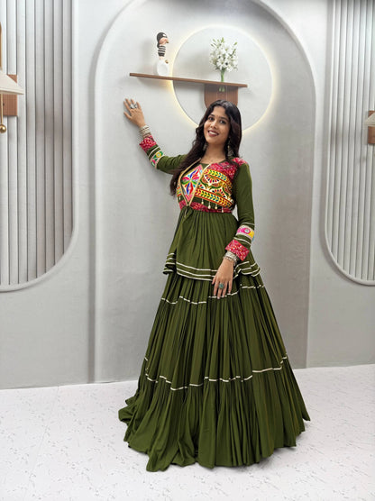 Mustard Green Gamthi Work Lehenga Choli with Koti for Navratri Garba