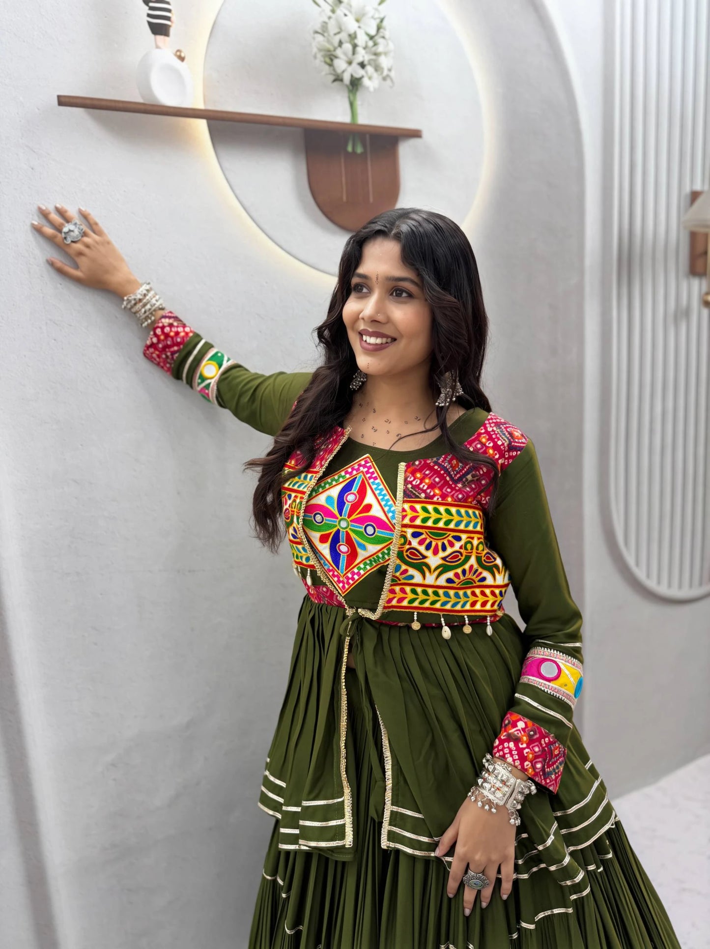 Mustard Green Gamthi Work Lehenga Choli with Koti for Navratri Garba