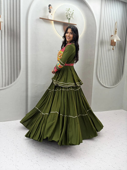 Mustard Green Gamthi Work Lehenga Choli with Koti for Navratri Garba