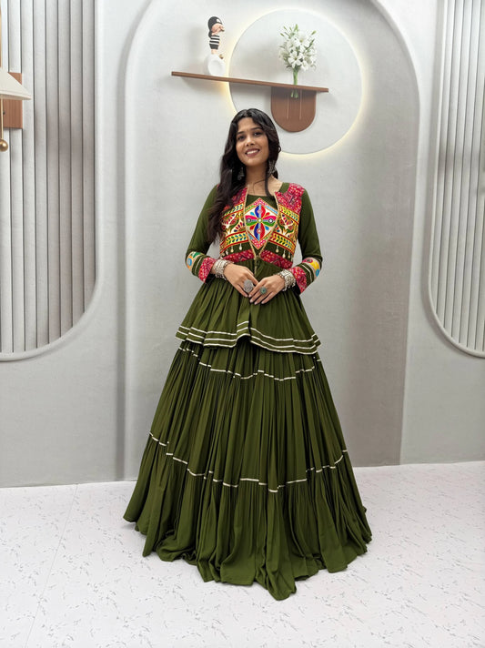 Mustard Green Gamthi Work Lehenga Choli with Koti for Navratri Garba
