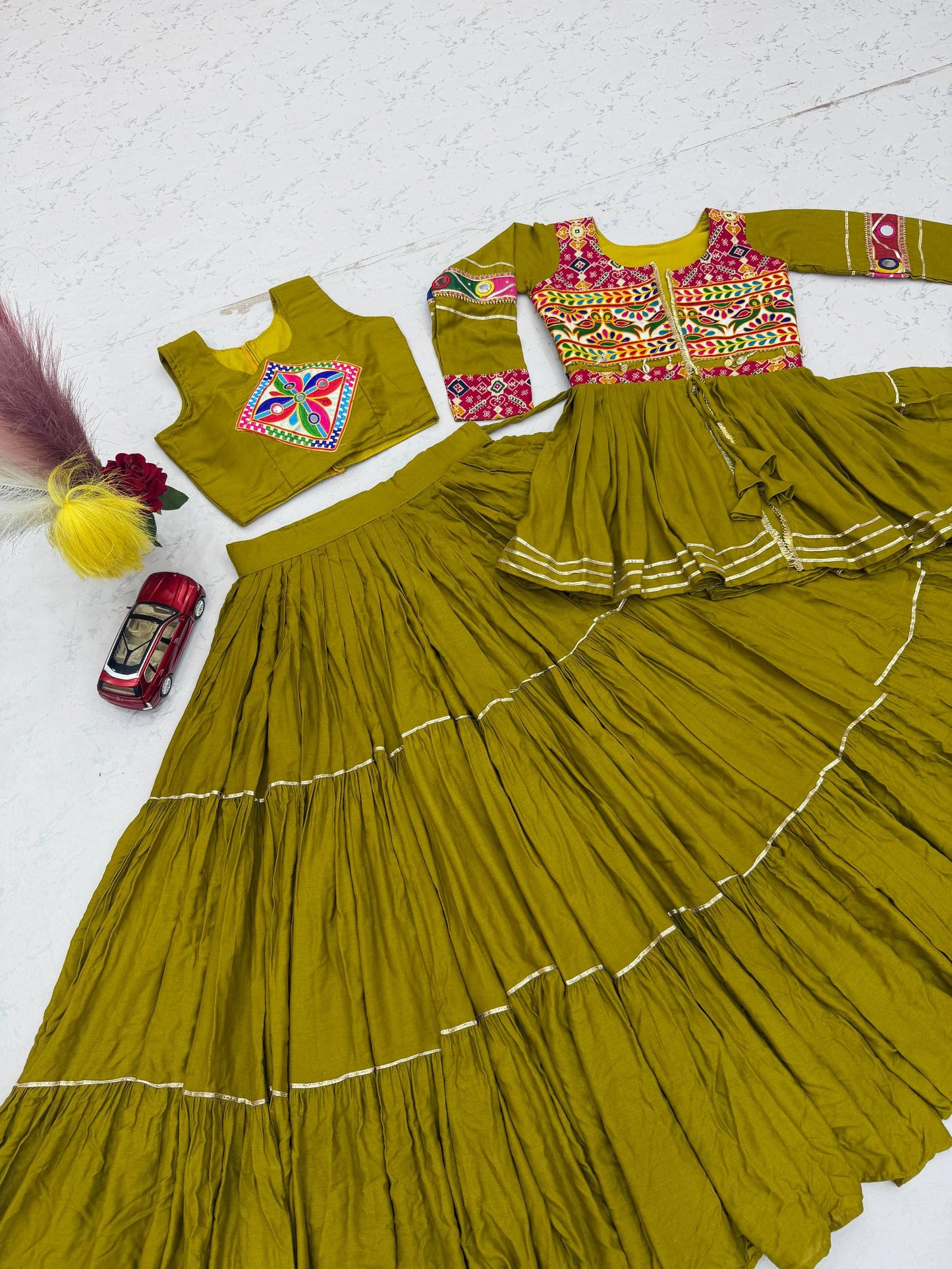 Mustard Yellow Gamthi Work Lehenga Choli with Koti for Navratri Garba