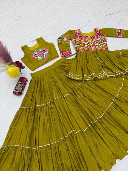Mustard Yellow Gamthi Work Lehenga Choli with Koti for Navratri Garba