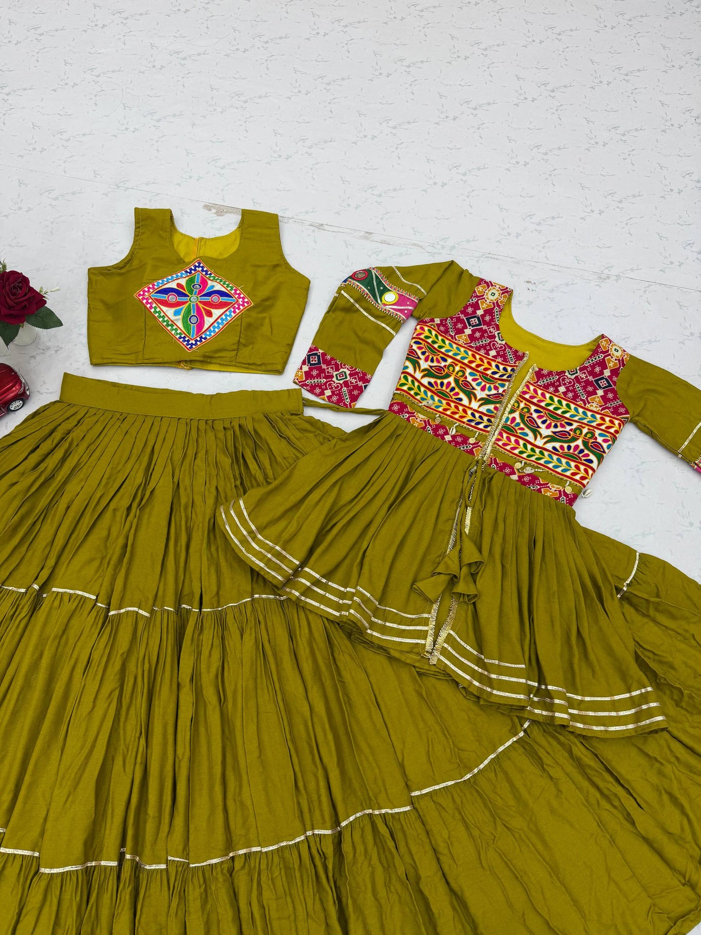 Mustard Yellow Gamthi Work Lehenga Choli with Koti for Navratri Garba