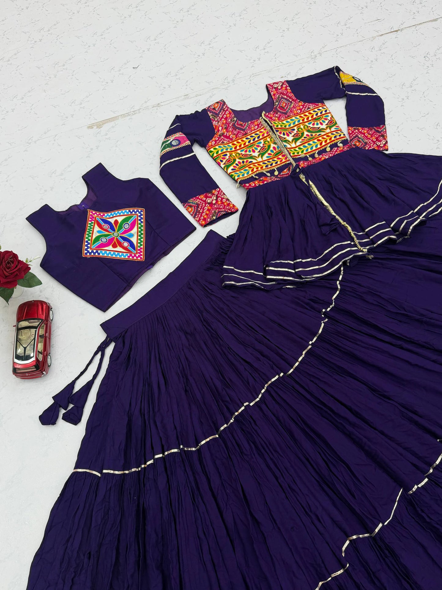 Blue Gamthi Work Lehenga Choli with Koti for Navratri Garba
