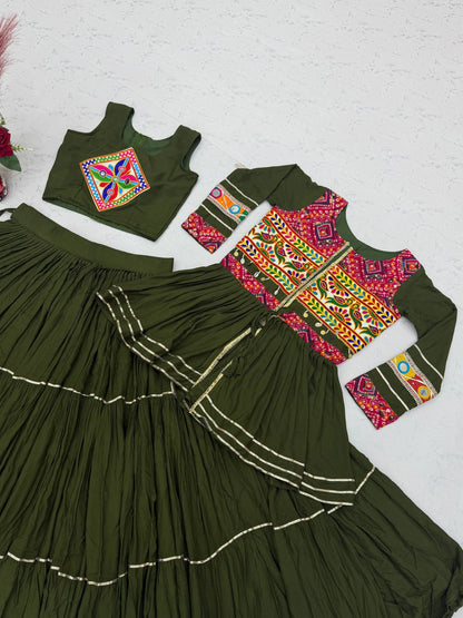 Mustard Green Gamthi Work Lehenga Choli with Koti for Navratri Garba
