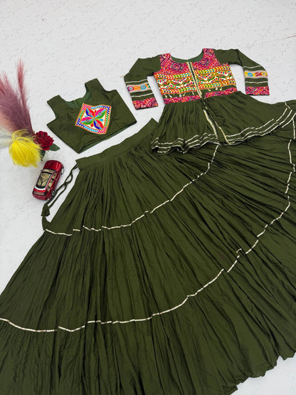 Mustard Green Gamthi Work Lehenga Choli with Koti for Navratri Garba