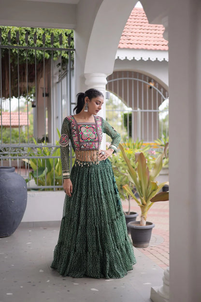 Navratri Green Bandhani Lehenga Choli for Women with Kutchi Patchwork Designer Blouse and Frill Work (Copy)