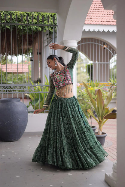 Navratri Green Bandhani Lehenga Choli for Women with Kutchi Patchwork Designer Blouse and Frill Work (Copy)