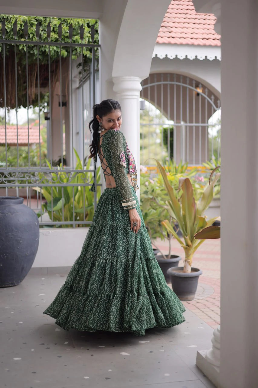 Navratri Green Bandhani Lehenga Choli for Women with Kutchi Patchwork Designer Blouse and Frill Work (Copy)