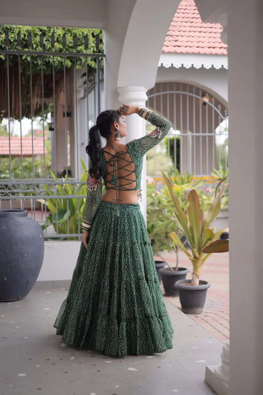 Navratri Green Bandhani Lehenga Choli for Women with Kutchi Patchwork Designer Blouse and Frill Work (Copy)
