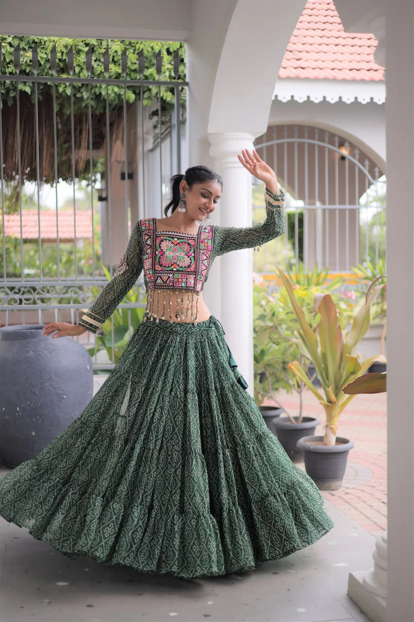 Navratri Green Bandhani Lehenga Choli for Women with Kutchi Patchwork Designer Blouse and Frill Work (Copy)