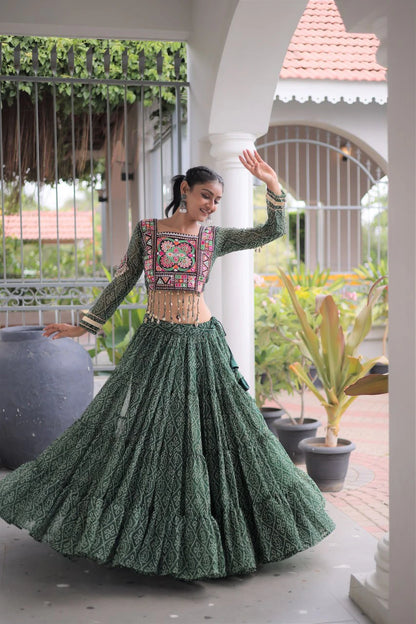 Navratri Green Bandhani Lehenga Choli for Women with Kutchi Patchwork Designer Blouse and Frill Work (Copy)