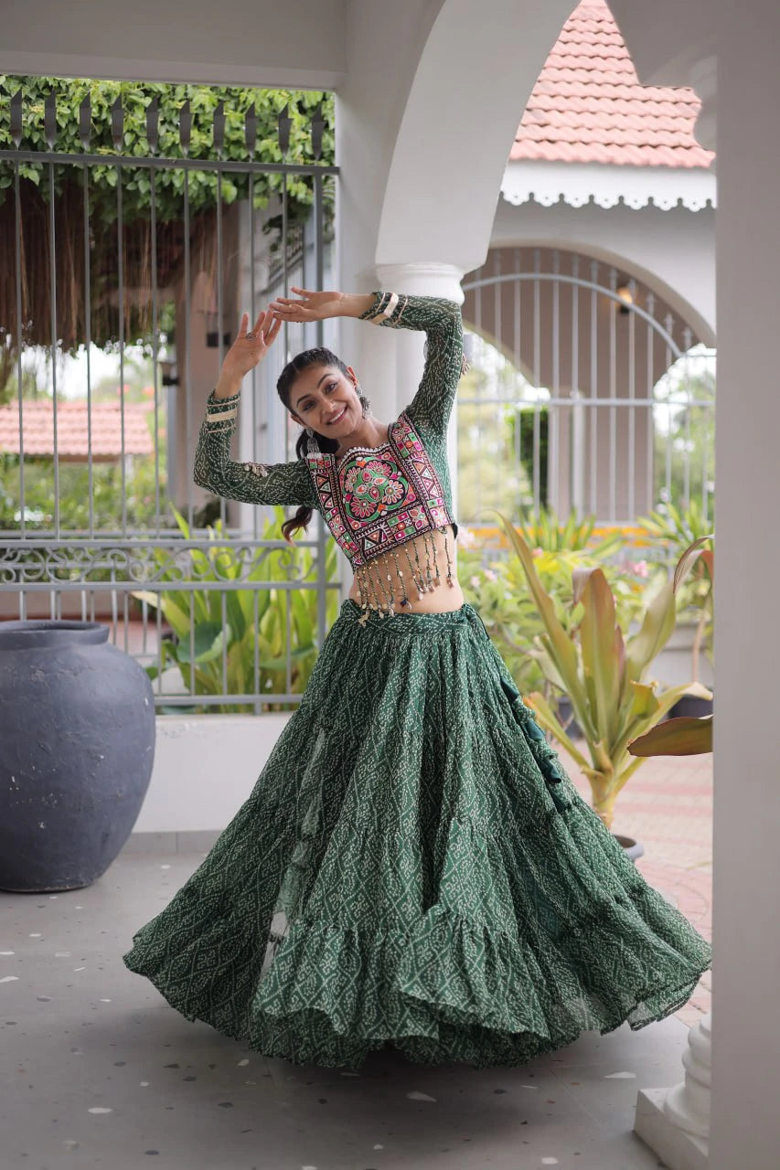 Navratri Green Bandhani Lehenga Choli for Women with Kutchi Patchwork Designer Blouse and Frill Work (Copy)