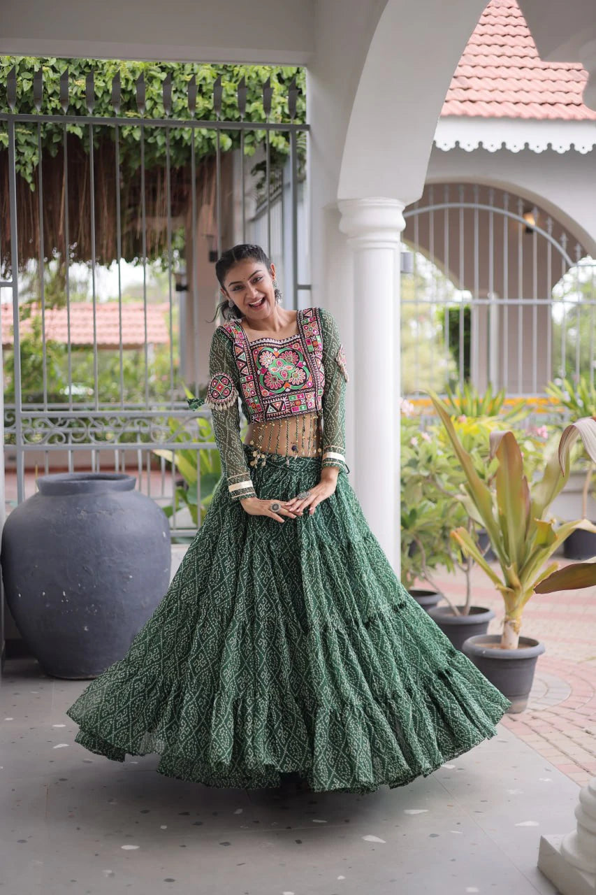 Navratri Green Bandhani Lehenga Choli for Women with Kutchi Patchwork Designer Blouse and Frill Work (Copy)
