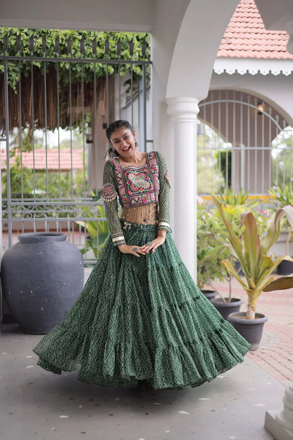 Navratri Green Bandhani Lehenga Choli for Women with Kutchi Patchwork Designer Blouse and Frill Work (Copy)