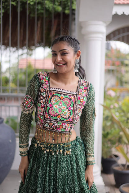 Navratri Green Bandhani Lehenga Choli for Women with Kutchi Patchwork Designer Blouse and Frill Work (Copy)