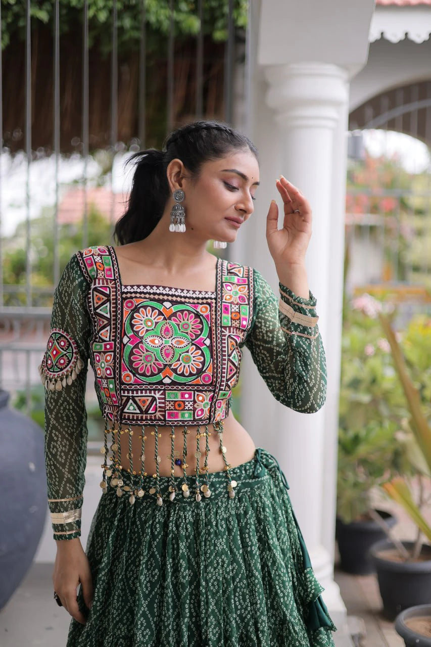 Navratri Green Bandhani Lehenga Choli for Women with Kutchi Patchwork Designer Blouse and Frill Work (Copy)