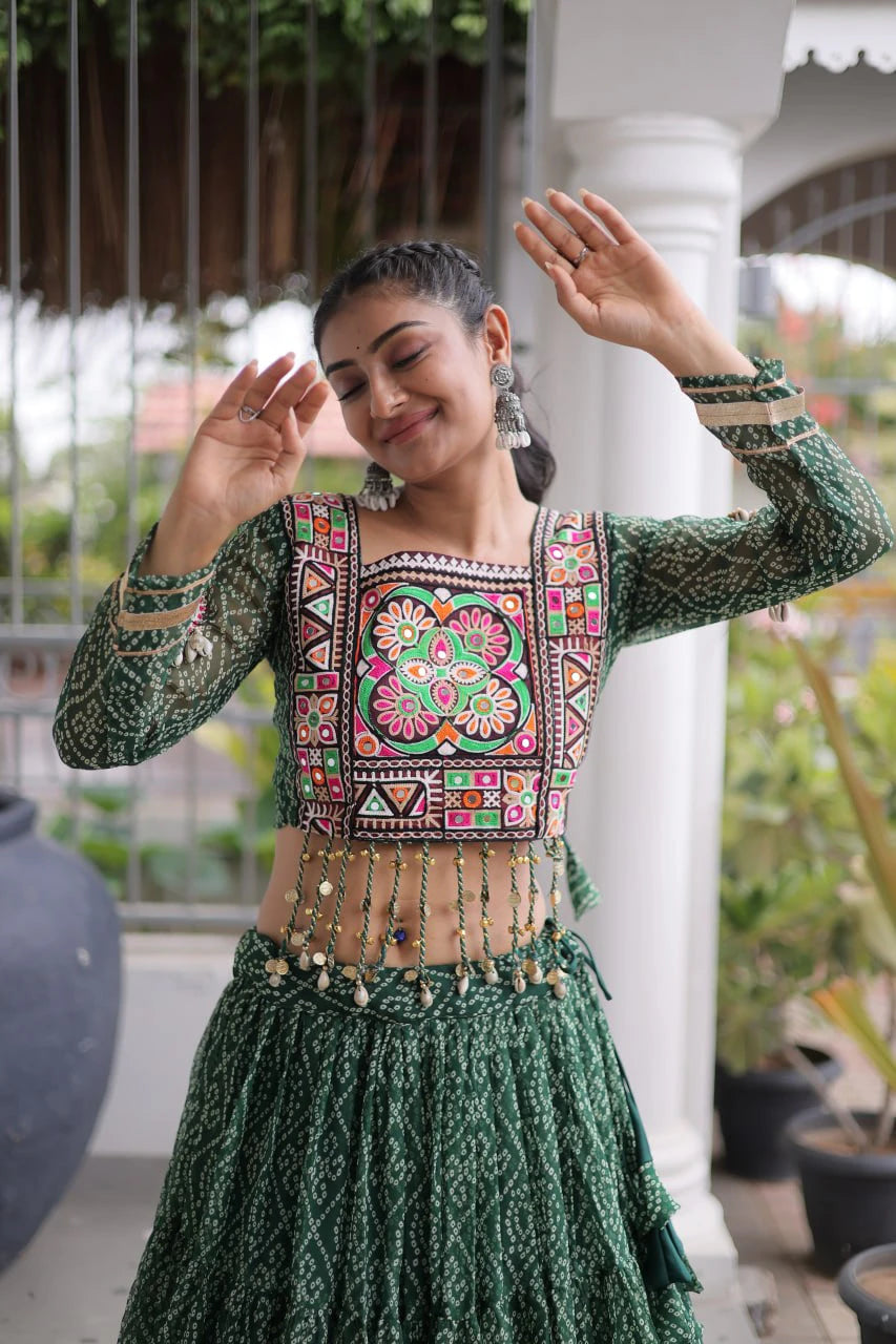 Navratri Green Bandhani Lehenga Choli for Women with Kutchi Patchwork Designer Blouse and Frill Work (Copy)