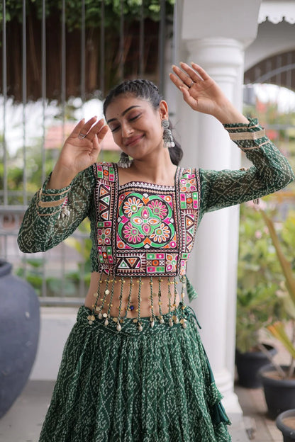 Navratri Green Bandhani Lehenga Choli for Women with Kutchi Patchwork Designer Blouse and Frill Work (Copy)