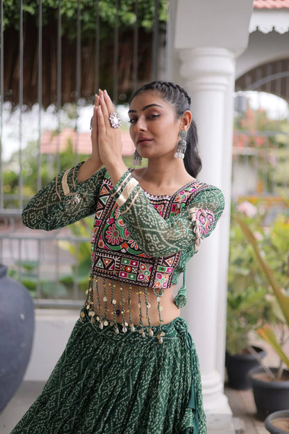 Navratri Green Bandhani Lehenga Choli for Women with Kutchi Patchwork Designer Blouse and Frill Work (Copy)