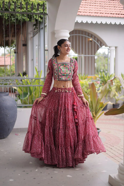 Navratri Maroon Bandhani Lehenga Choli for Women with Kutchi Patchwork Designer Blouse and Frill Work